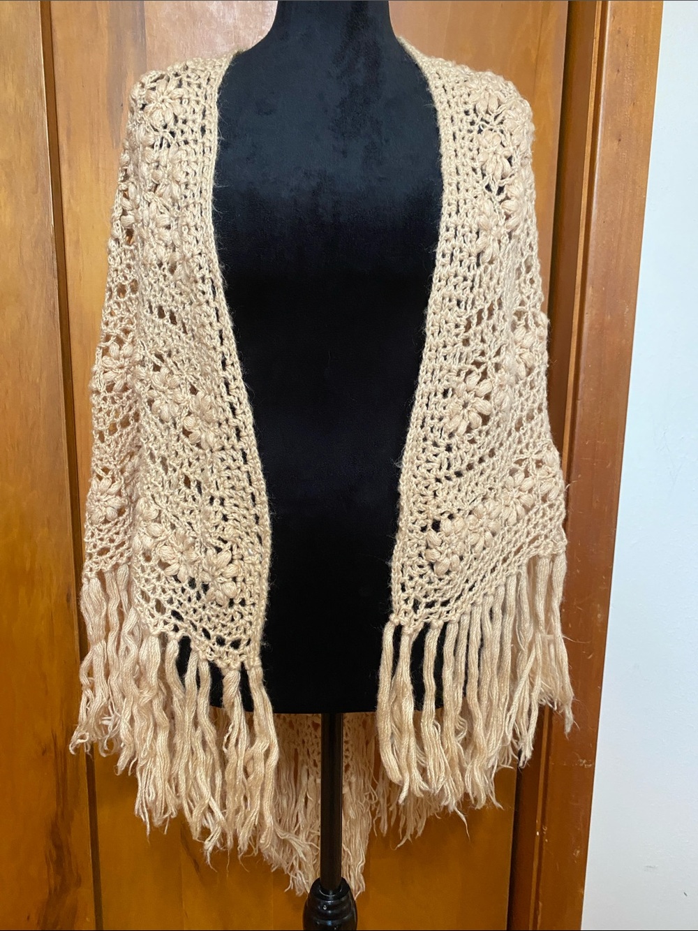 Beige Crochet Fringe Shawl Wrap Floral Pattern Vintage Dry Clean Only Cottage